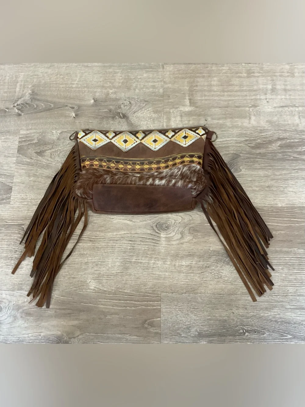 Fringe Cowhide Crossbody Bag in Brown and Yellow